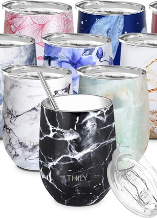 THILY Wine Tumbler Stainless Steel Insulated Stemless Wine Glass with Lid and Straw, Travel Cup Keep Cold for Coffee, Cocktails, Black Marble