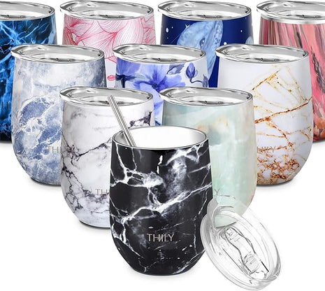 THILY Wine Tumbler Stainless Steel Insulated Stemless Wine Glass with Lid and Straw, Travel Cup Keep Cold for Coffee, Cocktails, Black Marble