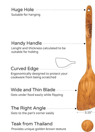 FAAY 13.5” Right-Hand Stir Fry Spatula – Thin Edge Teak Wooden Turner for Wok & Nonstick Pans, Natural Coconut Oil Finish, Handcrafted Wood Tool for Stirring & Flipping