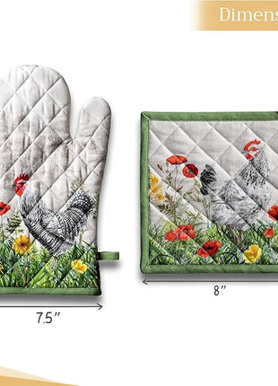 Maison d' Hermine 100% Cotton Oven Mitt & Pot Holder Set (7.5"x13" & 8"x8") Heat Resistant BBQ Cooking Gloves with Loop, Baking, Grilling, Kitchen, Handling Hot Pans Spring/Summer (Basse Cour)