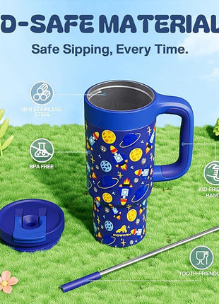 24 oz Stainless Steel Tumbler for Children: Durable Handle, Easy to Clean, Straw Gulp Lid, Car Cup Holder Friendly, Insulated Cup for Sport, Hiking, Carry, Adventures, Bag, Classroom (Space Rocket)