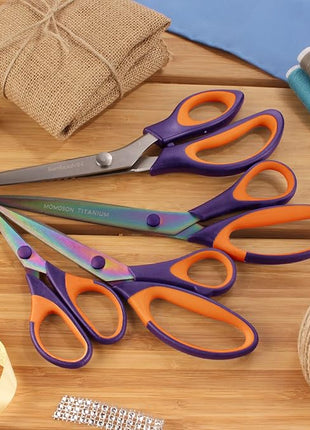 BambooMN Titanium Softgrip Scissors Set - Pinking, Sewing, Arts, Crafts, Office - 3 Sets of 4 - Purple w/Orange