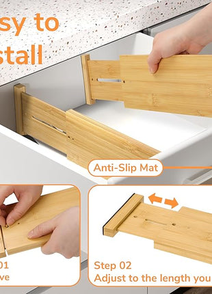 BAMEOS 4 PCS Bamboo Drawer Divider Adjustable Drawer Dividers Kitchen Drawer Organization Utensil Organizers for Kitchen Dresser Bathroom Bedroom and Office