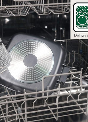 SKITCHN Grill Pan With Folding Handle, Nonstick for Stove Tops, Induction Compatible KBBQ With Pour Spouts, Indoor Square BBQ Grilling - 9IN