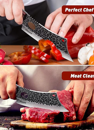 Huusk Meat Cleaver Knife, Hand Forged Butcher Knife for Meat Cutting, Full Tang Viking Knives with Sheath, Japanese Chef Knives for Outdoor Cooking, Camping, BBQ, Christmas Gift for Man and Women