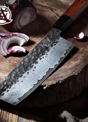 MITSUMOTO SAKARI Nakiri Chef Knife 7 inch - Hand Forged Japanese Kitchen Knives, 3-Layer 9CR18MOV High Carbon Steel, Rosewood Handle & Sandalwood Box