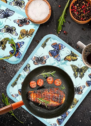 Pot Holders Set of 2 Heat Resistant 480℉ Kitchen 100% Cotton Comfortable Lining Printing Butterfly Flower Women Men Home Cooking Baking Microwave BBQ Gift (Butterfly potholders)