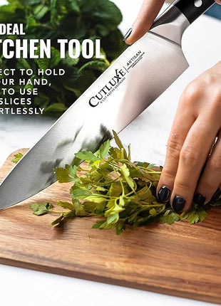 Cutluxe Chef Knife – 8" Kitchen Knife, German High Carbon Steel, Full Tang, Ergonomic Handle Design, Sheath Included – Artisan Series