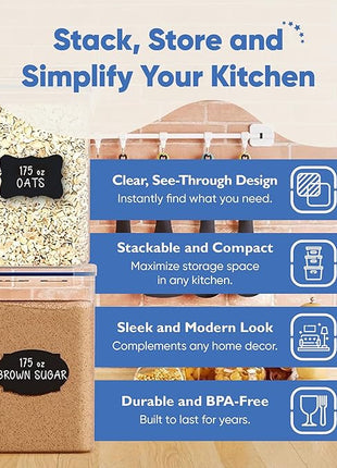 Chef's Path Kitchen Storage Box Set of 4 Extra Large Airtight Food Storage Jars for Sugar Flour Cereal Rice - Measuring Spoons, Pen and Food Preservation Labels (5.2 L)