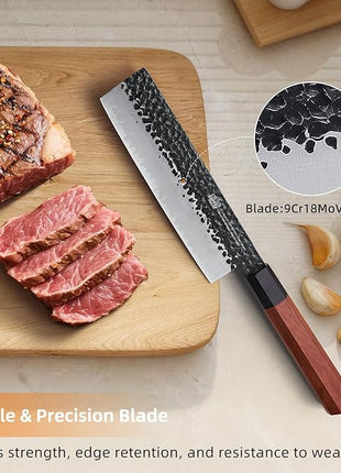 FINDKING Dynasty Series Japanese Nakiri Knife, Professional Vegetable Cleaver, 9Cr18MoV High Carbon Steel Blade, African Rosewood Octagonal Handle, for Shred, Slicing, Mincing, 7 Inches