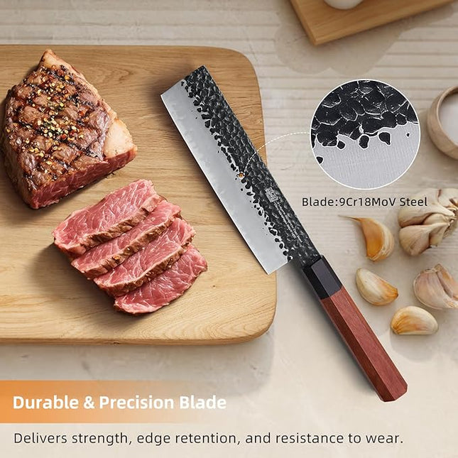 FINDKING Dynasty Series Japanese Nakiri Knife, Professional Vegetable Cleaver, 9Cr18MoV High Carbon Steel Blade, African Rosewood Octagonal Handle, for Shred, Slicing, Mincing, 7 Inches