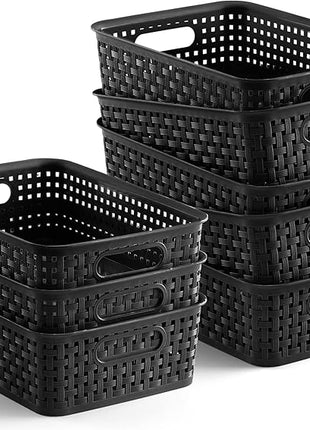 [ 8 Pack ] Plastic Storage Baskets, Small Pantry Organization and Storage Bins, Household Organizers for Laundry Room, Bathrooms, Kitchens, Cabinets, Countertops, Under Sink or Shelves, Black