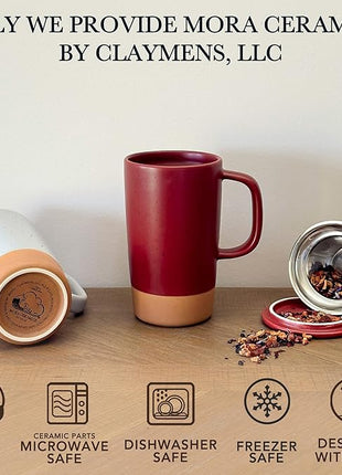 Mora Ceramics Large Tea Mug with Loose Leaf Infuser and Ceramic Lid, 18 oz, Portable, Microwave and Dishwasher Safe, Tall Coffee Cup - Rustic Matte Ceramic Glaze, Modern Herbal Tea Strainer, Merlot