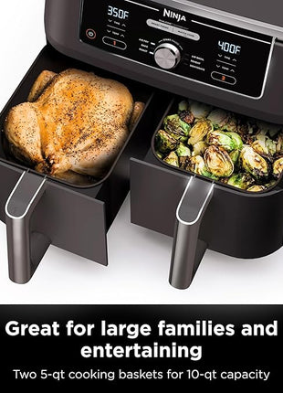 Ninja DZ401 Foodi 10 Quart 6-in-1 DualZone XL 2-Basket Air Fryer with 2 Independent Frying Baskets, Match Cook & Smart Finish to Roast, Broil, Dehydrate for Quick, Easy Family-Sized Meals, Grey