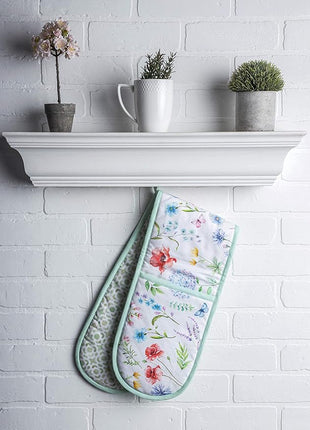 Maison d' Hermine Double Oven Mitts 100% Cotton 7"x35" Double Oven Mitt Heat Resistant BBQ Cooking Gloves with Loop, Baking, Grilling, Home, Kitchen, Handling Hot Pans Spring Summer (Just Floral).