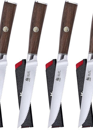 KYOKU 5 Inch Steak Knife Set of 4 - Daimyo Series Japanese 440C Stainless Steel Serrated Steak Knives - Ergonomic Rosewood Handles Mosaic Pins - with Sheaths & Case