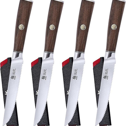KYOKU 5 Inch Steak Knife Set of 4 - Daimyo Series Japanese 440C Stainless Steel Serrated Steak Knives - Ergonomic Rosewood Handles Mosaic Pins - with Sheaths & Case