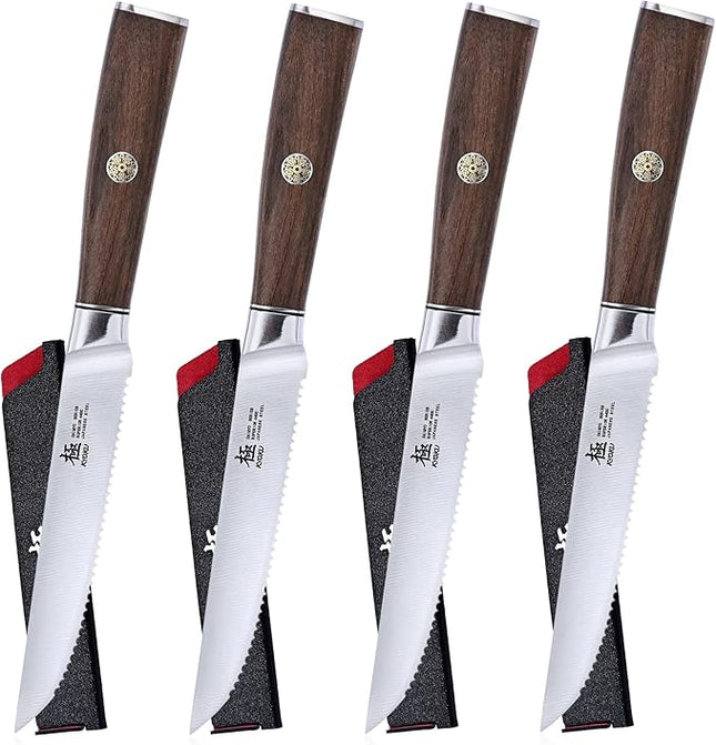 KYOKU 5 Inch Steak Knife Set of 4 - Daimyo Series Japanese 440C Stainless Steel Serrated Steak Knives - Ergonomic Rosewood Handles Mosaic Pins - with Sheaths & Case