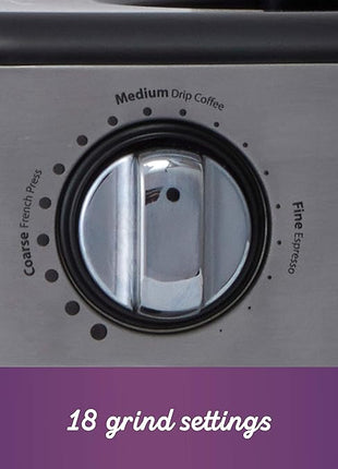 Mr. Coffee Burr Coffee Grinder Automatic Grinder with 18 Presets for French Press Drip and Espresso 18-Cup Capacity Stainless Steel