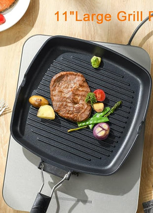 SKITCHN Nonstick Grill Pan With Folding Handle - Induction Compatible KBBQ Pan for Stove Tops, Indoor Square BBQ Grilling With Pour Spouts - 11 in