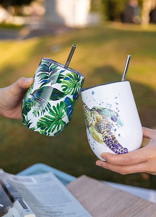 THILY Stemless Wine Tumbler Vacuum Insulated 12 oz Triple-Insulated Stainless Steel Wine Glass with Lid, Straw, Keep Cold for Coffee, Cocktails, Green Plants