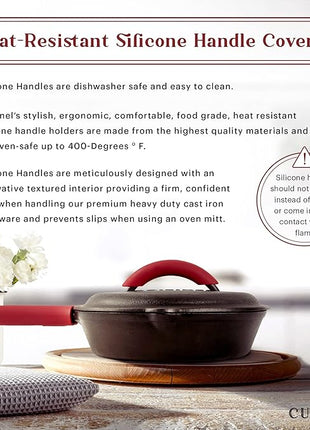 Cuisinel Cast Iron Skillet with Lid - 8"-inch Pre-Seasoned Covered Frying Pan Set + Silicone Handle and Lid Holders + Scraper/Cleaner - Indoor/Outdoor, Oven, Camping Fire, Grill Safe Kitchen Cookware