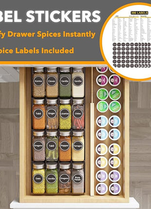 SpaceAid Spice Drawer Organizer with 16 Spice Jars, 386 Spice Labels, 4 Tier Seasoning Rack Tray Insert for Kitchen Drawers, 7.5" Wide x 17.5" Deep