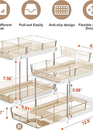 Delamu 2-Tier Multi-Purpose Bathroom Under Sink Organizers and Storage, Stackable Kitchen Pantry Organization, Pull Out Medicine Cabinet Organizer with Movable Dividers, Amber, 2 Pack
