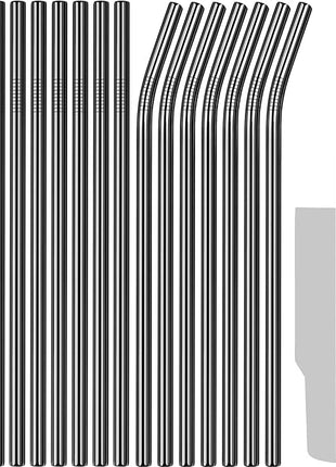Tomorotec 11 Inch Stainless Steel Reusable Drinking Straws 14PCS & 2 Cleaning Brushes Set with Curved & Straight Designs, Compatible with 30oz Stanley Tumblers, Dishwasher Safe, BPA-Free (Black)