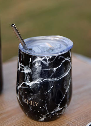 THILY Wine Tumbler Stainless Steel Insulated Stemless Wine Glass with Lid and Straw, Travel Cup Keep Cold for Coffee, Cocktails, Black Marble
