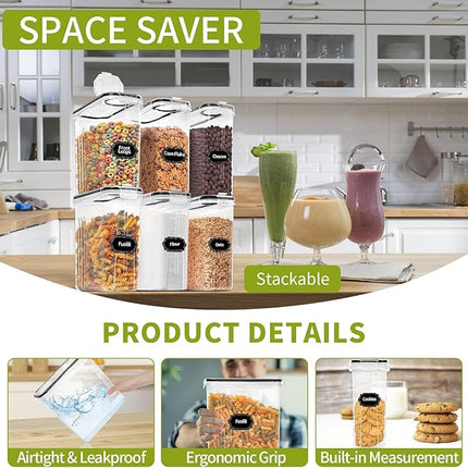 Skroam 4PCS Cereal Containers Storage [4L/135.2 oz], Airtight Food Storage Containers with Pour Spout for Kitchen & Pantry Organization Storage, Plastic Cereal Dispensers, Measuring Cup & 20 Labels