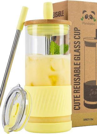 Pandaloo® Glass Cups With Lids and Straws -20 Fl Oz- Perfect Size Iced Coffee Cup - Smoothie Cup With Bamboo Lid and On the go Lid (Sunny Lime, 1 Count (Pack of 1)