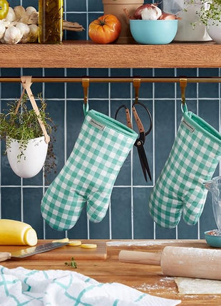 KitchenAid Gingham Oven Mitt 2-Pack Set, Aqua Sky, 7"x13"