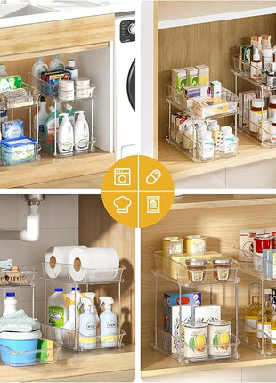 Delamu 2-Tier Under Sink Organizers and Storage, Multi-Purpose Stackable Bathroom Cabinet Organizers, Pull Out Kitchen Pantry Organization and Storage with Dividers(3 Pack, Clear)