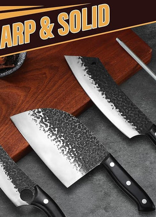 Golden Bird Butcher Knife Set - 4pcs Hand Forged Meat Cleaver Knife & Serbian Chef Knives & Sharp Viking Knives for Meat Cutting, Camping, BBQ, Christmas Gifts for Men Women