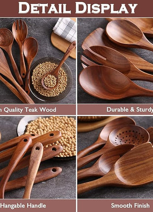 Wooden Spoons for Cooking, 6 Pcs Wooden Utensils for Cooking, Natural Teak Wood Non-Stick Cooking Spoons, Wood Utensils Set for Kitchen