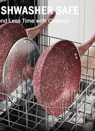 KOCH SYSTEME CS 12" Red Granite Non-Stick Frying Pan with Lid, Classic Pans with Non-toxic Nonstick Coating, Aluminum Skillet with Heat-resistant Bakelite Handle, Induction Compatible Frying Pan