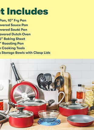 BELLA Cookware Set with Glass Lids - Nonstick, PFOA Free and Scratch Resistant Surface, Aluminum Bakeware, Pots and Pans, Storage Bowls & Utensils, Compatible with All Stovetops, 21 Piece, Red