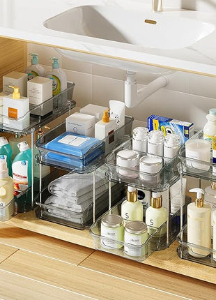 Delamu 2-Tier Under Sink Organizers and Storage, Multi-Purpose Stackable Bathroom Cabinet Organizers, Pull Out Kitchen Pantry Organization and Storage with Dividers(4 Pack, Grey)