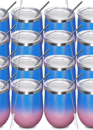 MEWAY 12oz/16 Pack Wine Tumbler Glasses with Lid - Stemless Double Wall Vacuum Stainless Steel Glitter Tumbler - Keeping Cold & Hot Cup for Coffee,for Women(Gradient Pink,Set of 16)