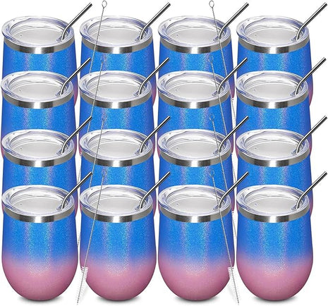 MEWAY 12oz/16 Pack Wine Tumbler Glasses with Lid - Stemless Double Wall Vacuum Stainless Steel Glitter Tumbler - Keeping Cold & Hot Cup for Coffee,for Women(Gradient Pink,Set of 16)
