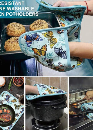 Pot Holders Set of 2 Heat Resistant 480℉ Kitchen 100% Cotton Comfortable Lining Printing Butterfly Flower Women Men Home Cooking Baking Microwave BBQ Gift (Butterfly potholders)