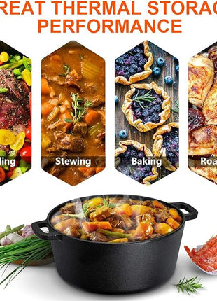 Overmont 2 in 1 Pre Seasoned Dutch Oven with Skillet Lid for Induction, Electric, Grill, Stovetop, BBQ, Camping (5 Quart)