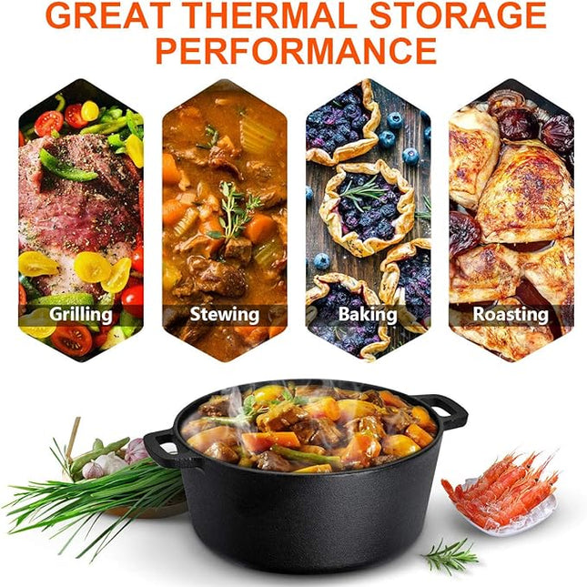 Overmont 2 in 1 Pre Seasoned Dutch Oven with Skillet Lid for Induction, Electric, Grill, Stovetop, BBQ, Camping (5 Quart)