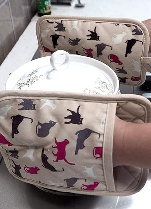 Pot Holders Set of 2 Heat Resistant 480 ℉ Kitchen Non Slip Clear Silicone Printed Comfortable Cotton Lining Women Men Cooking Barbecue Microwave Machine Washable (Cat, Khaki Potholders)