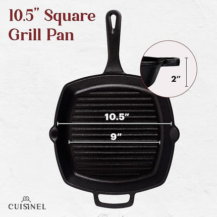 Cuisinel Cast Iron Grill Pan + Glass Lid + Silicone Handle Cover + Pan Scraper - 10.5"-inch Pre-Seasoned Square Skillet - Stovetop, Induction Safe - Indoor/Outdoor Use - for Grilling, Frying, Sautéing