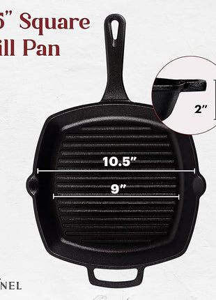 Cuisinel Cast Iron Grill Pan + Rectangular Cast Iron Grill Press + Tempered Glass Lid + Pan Scraper – Pre-Seasoned Ribbed Skillet – 10.5"-Inch Square Grilling Indoor/Outdoor Camping Fire BBQ Cookware