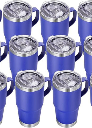 VEGOND 20 oz Tumbler Bulk with Handle Lid and Straw, Stainless Steel Insulated Travel Coffee Mug Set, Spill Proof Double Wall Metal Tumblers Cups, Powder Color Royal Blue 12 Pack