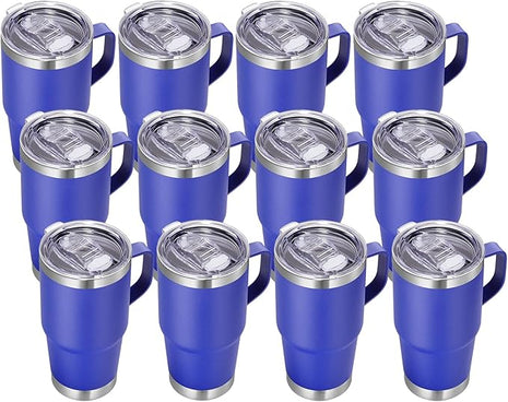 VEGOND 20 oz Tumbler Bulk with Handle Lid and Straw, Stainless Steel Insulated Travel Coffee Mug Set, Spill Proof Double Wall Metal Tumblers Cups, Powder Color Royal Blue 12 Pack