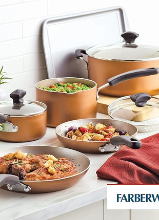 Farberware Cookstart DiamondMax Nonstick Cookware/Pots and Pans Set, Dishwasher Safe, Includes Baking Pan and Cooking Tools, 15 Piece - Copper
